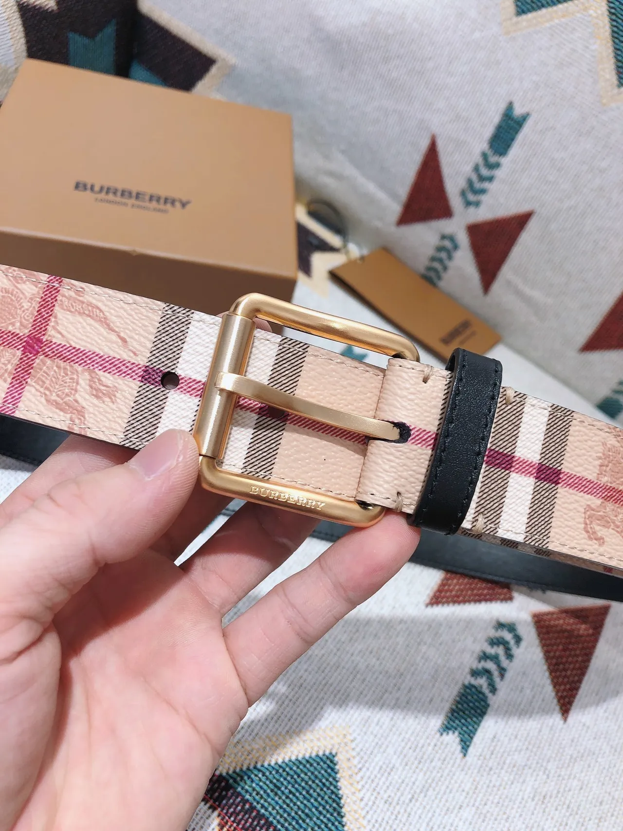 Burberry Knight Check Beige Red Black Green Leather Belt 7