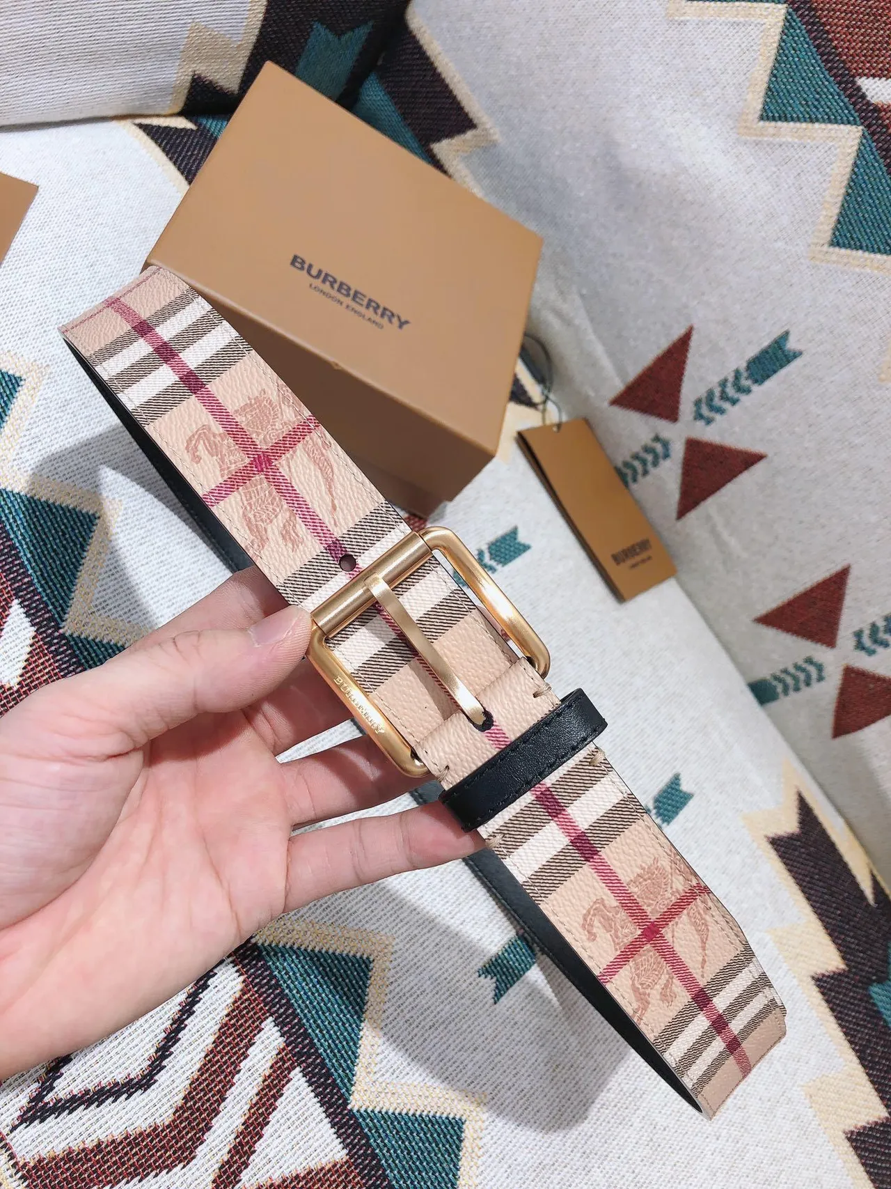 Burberry Knight Check Beige Red Black Green Leather Belt 8