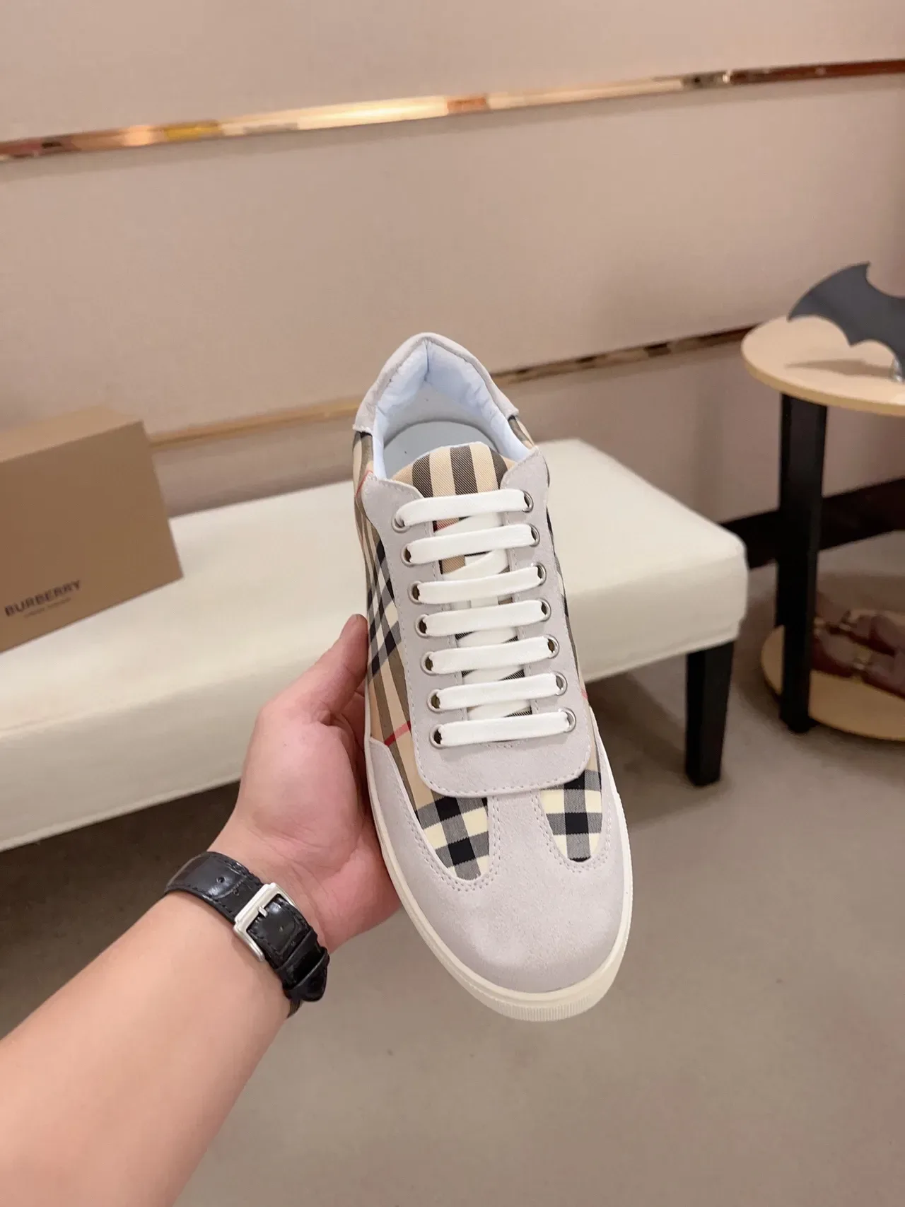 Burberry Lifestyle Sneaker Beige Gray Low-Top Suede-and-Check Panel Lifestyle Sneakers 2