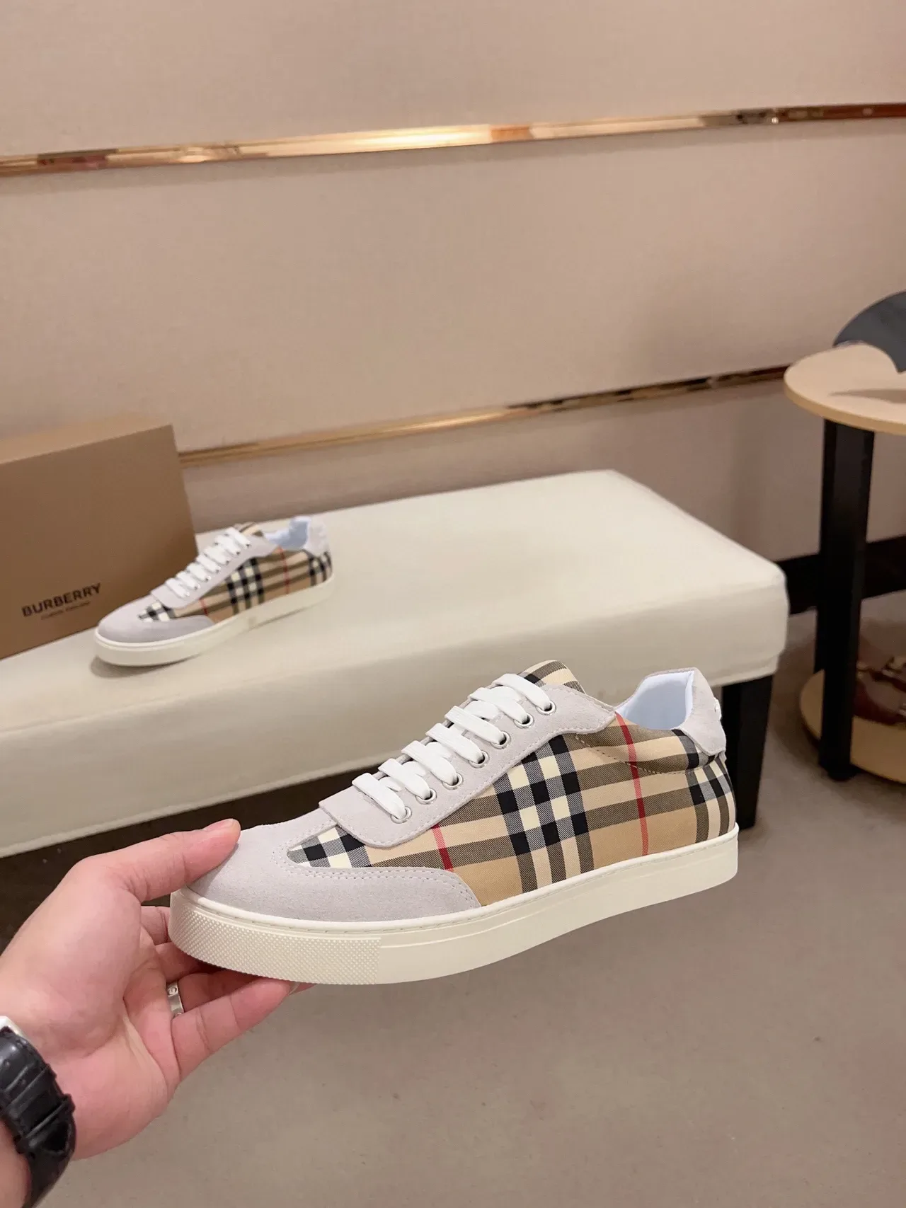 Burberry Lifestyle Sneaker Beige Gray Low-Top Suede-and-Check Panel Lifestyle Sneakers 3