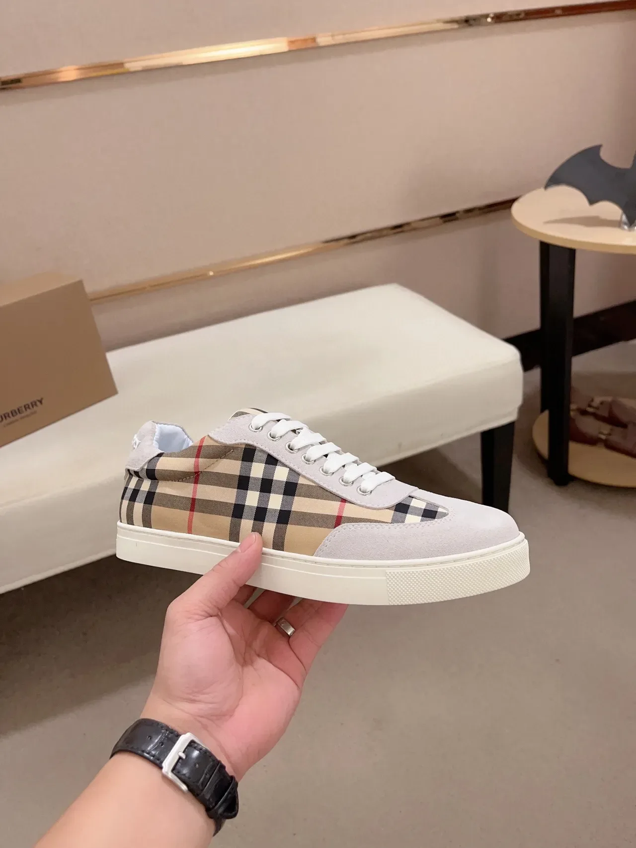 Burberry Lifestyle Sneaker Beige Gray Low-Top Suede-and-Check Panel Lifestyle Sneakers 4