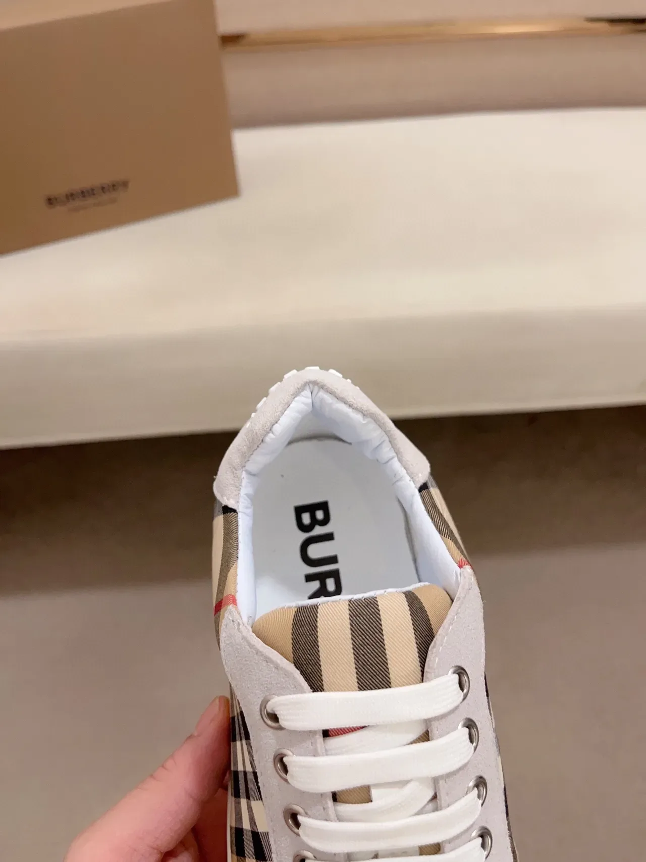Burberry Lifestyle Sneaker Beige Gray Low-Top Suede-and-Check Panel Lifestyle Sneakers 6