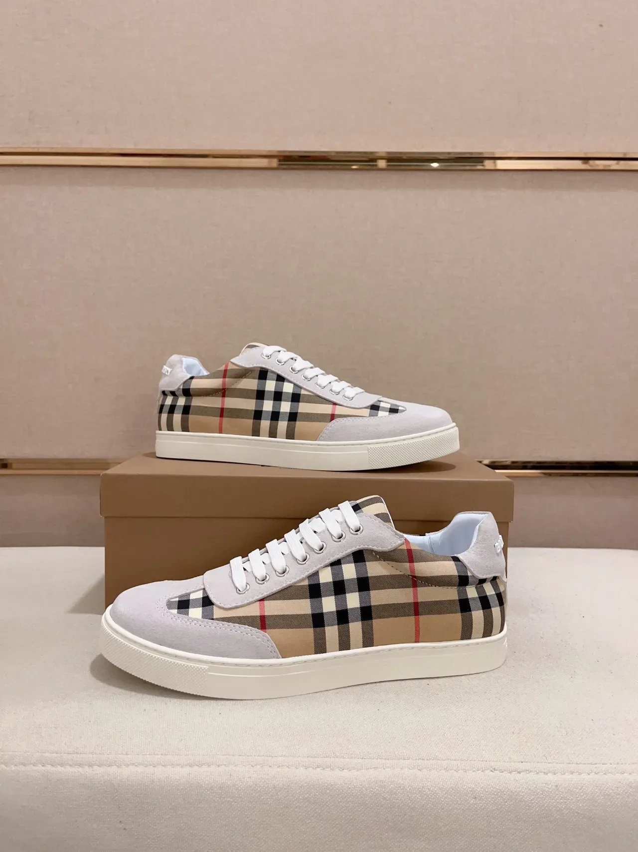 Burberry Lifestyle Sneaker Beige Gray Low-Top Suede-and-Check Panel Lifestyle Sneakers 7