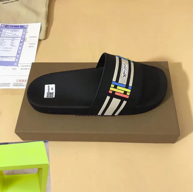 Burberry Slide Slipper Black Multicolor Stripe Slippers 4