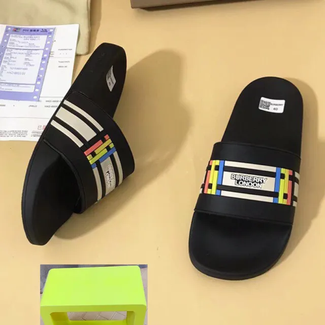 Burberry Slide Slipper Black Multicolor Stripe Slippers 8
