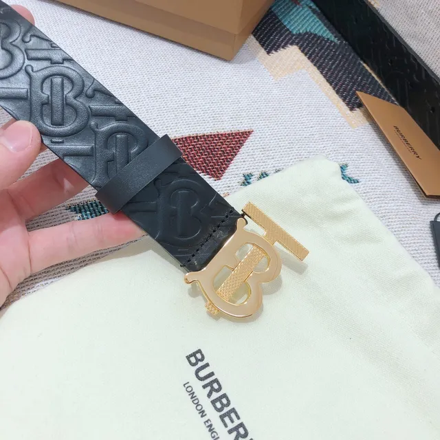 Burberry TB Belt Black Embossed Monogram Leather Belt 7