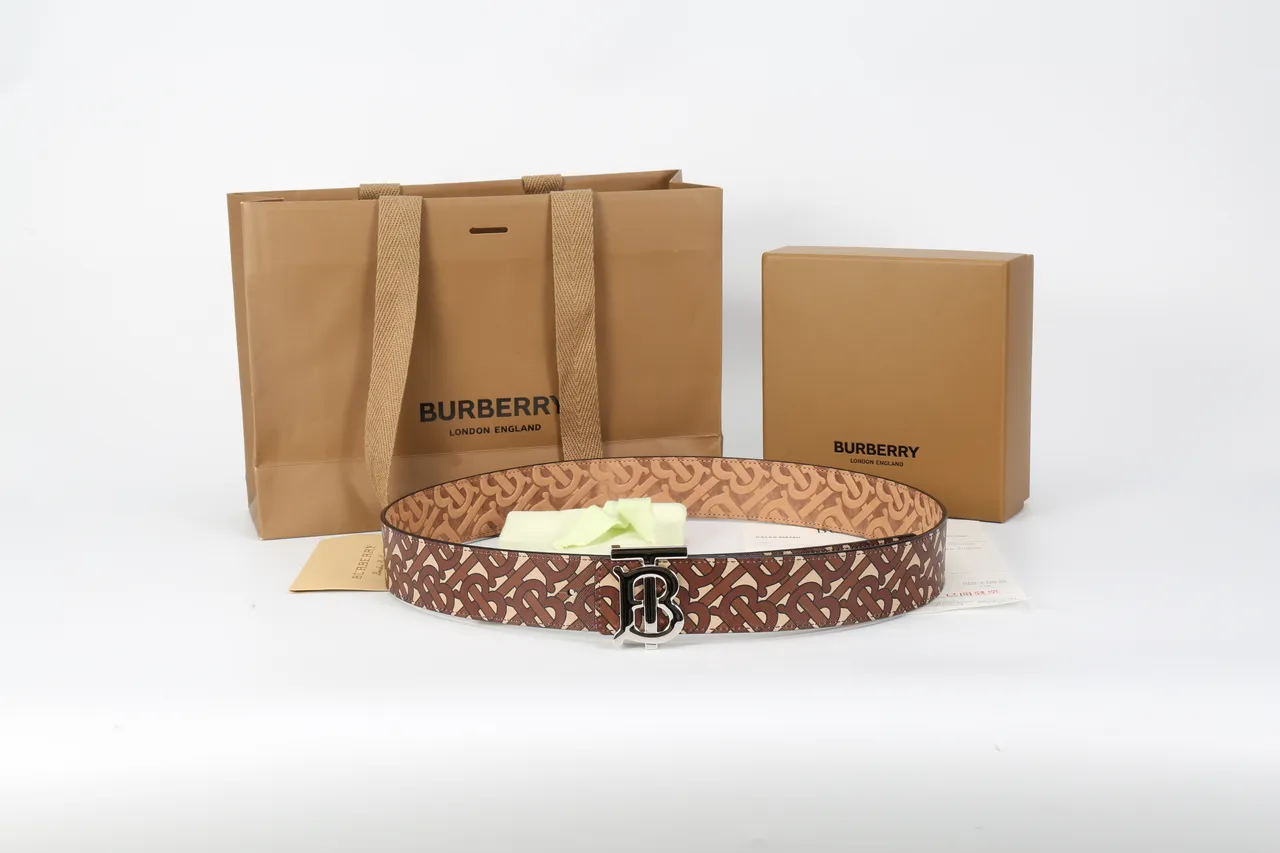 Burberry TB Cinto Marrom Bege Monograma Couro Cinto 2