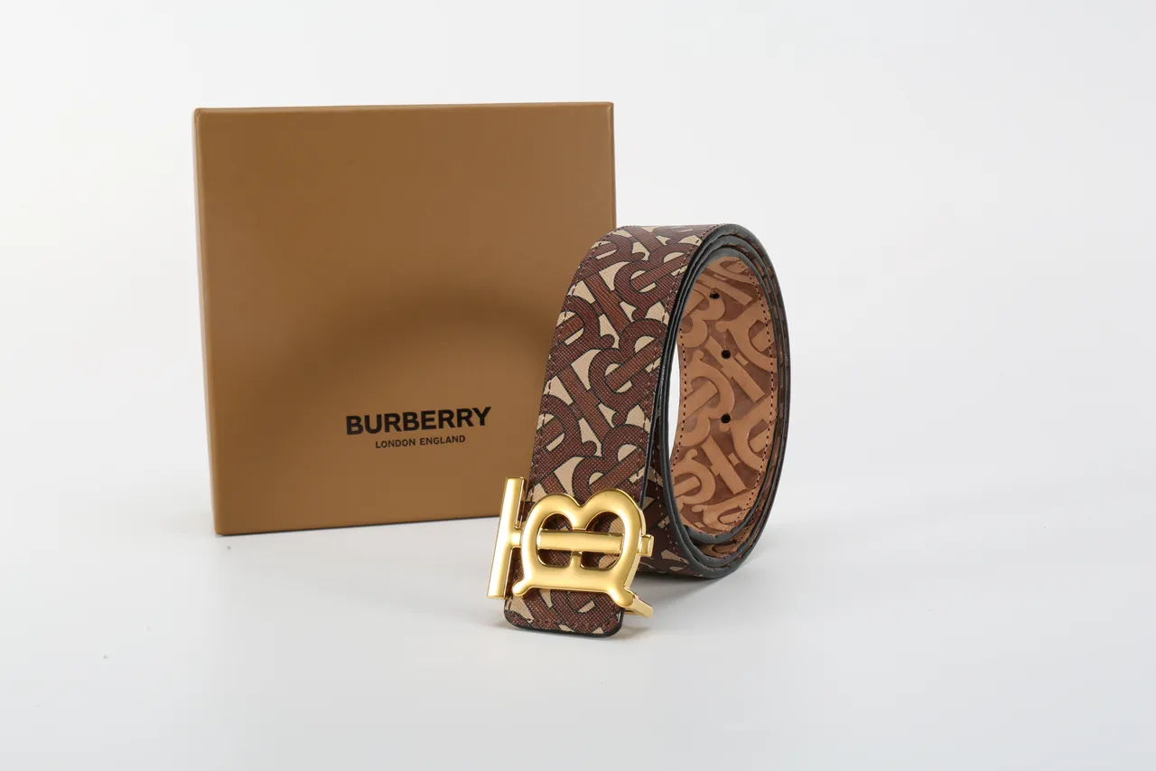 Burberry TB Cinto Marrom Bege Monograma Couro Cinto 6