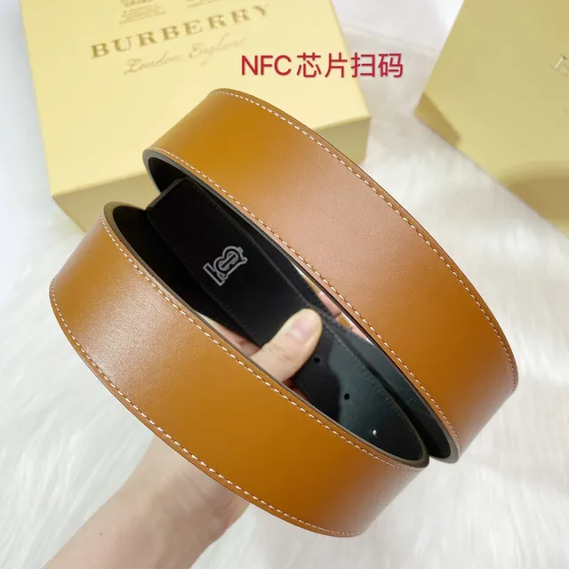 Burberry TB Belt Brown Black Interlocking Monogram Buckle Smooth Tan Leather Belt 3