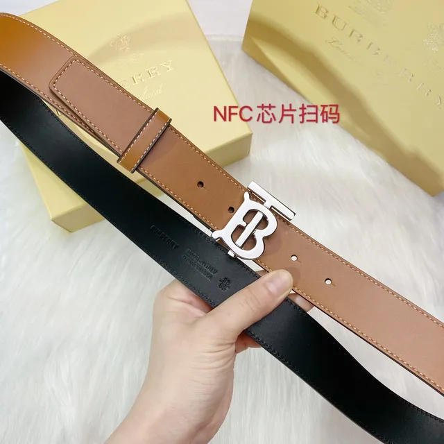 Burberry TB Belt Brown Black Interlocking Monogram Buckle Smooth Tan Leather Belt 6