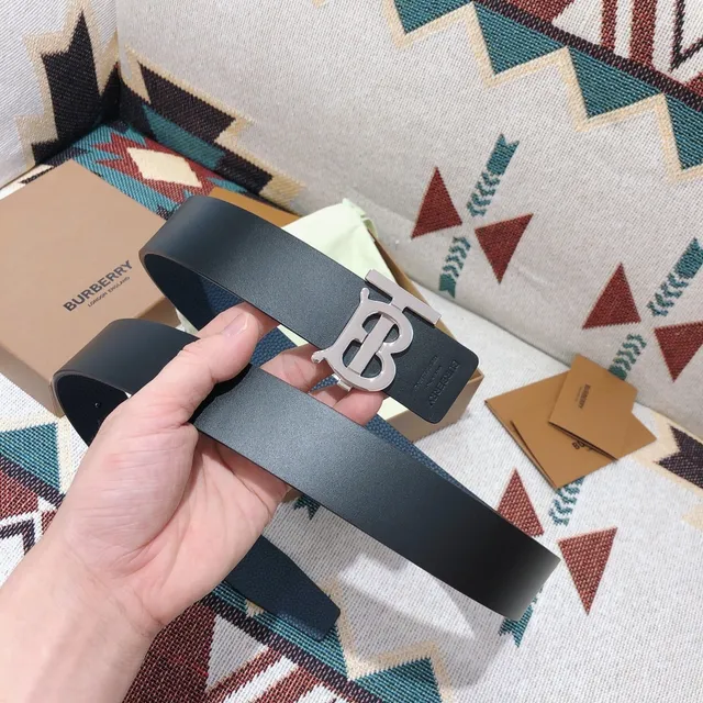 Burberry TB Monogram Belt काला चांदी चिकना बड़ा बकिल लेदर बेल्ट 2