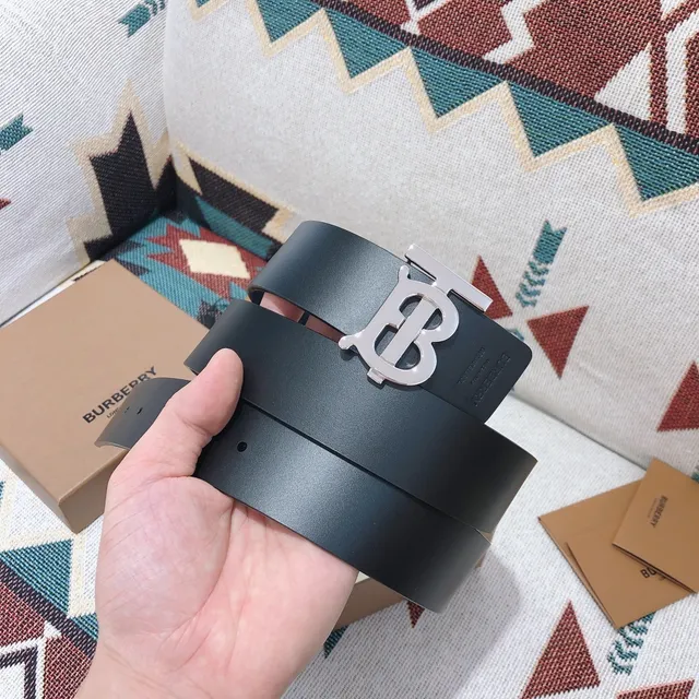 Burberry TB Monogram Belt काला चांदी चिकना बड़ा बकिल लेदर बेल्ट 4
