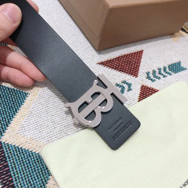 Burberry TB Monogram Belt काला चांदी चिकना बड़ा बकिल लेदर बेल्ट 6