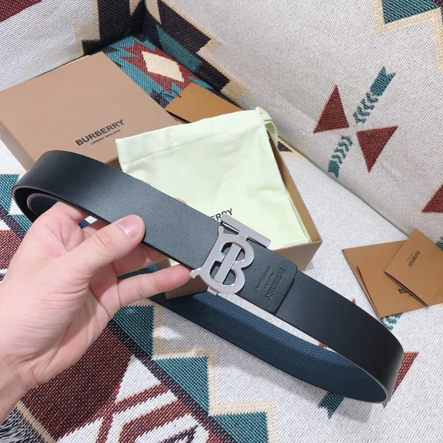 Burberry TB Monogram Belt काला चांदी चिकना बड़ा बकिल लेदर बेल्ट 8