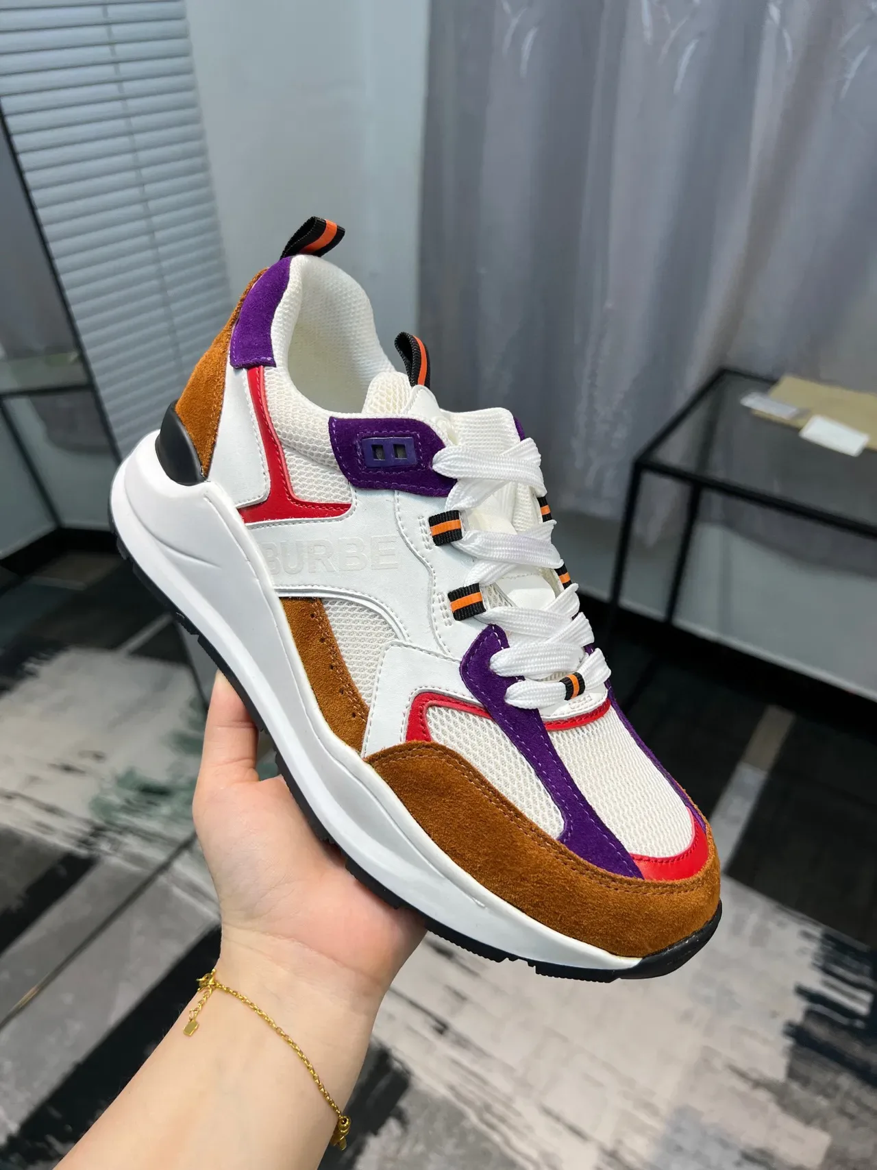Burberry White Purple Midsole Multi-Panel Suede And Mesh Upper Chunky Sneakers 6