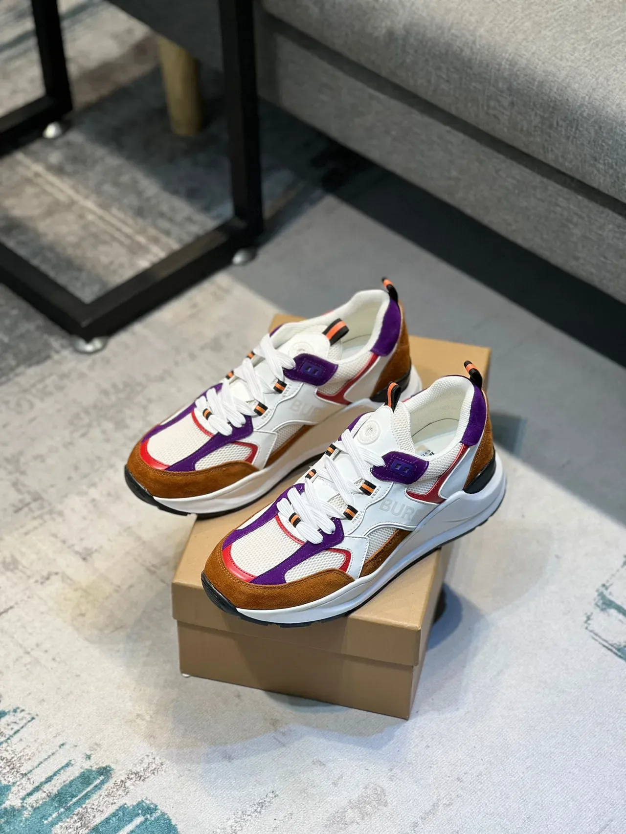 Burberry White Purple Midsole Multi-Panel Suede And Mesh Upper Chunky Sneakers 7