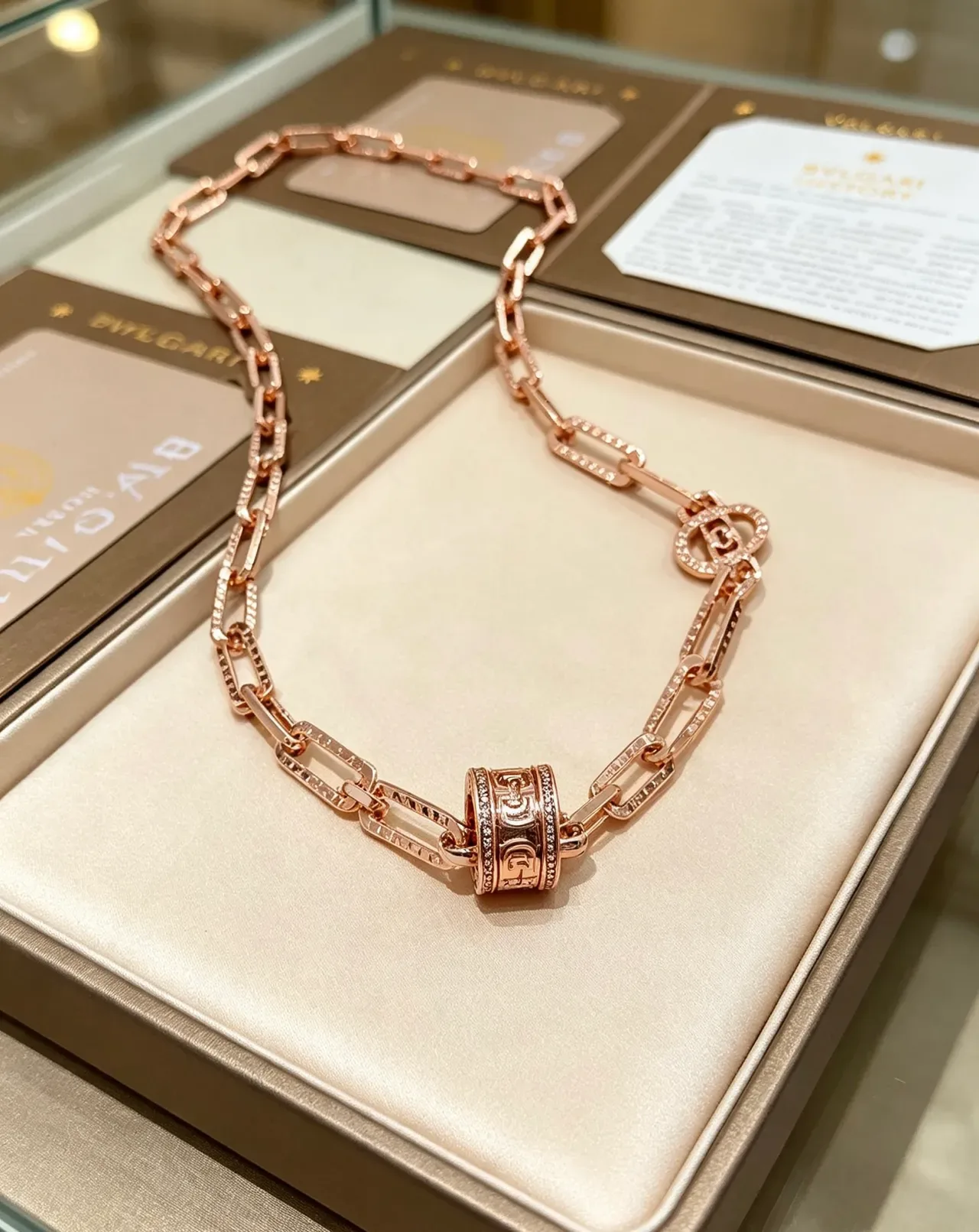 Bvlgari Pink Gold Rose Chain Pavé-Set Links Necklace 2