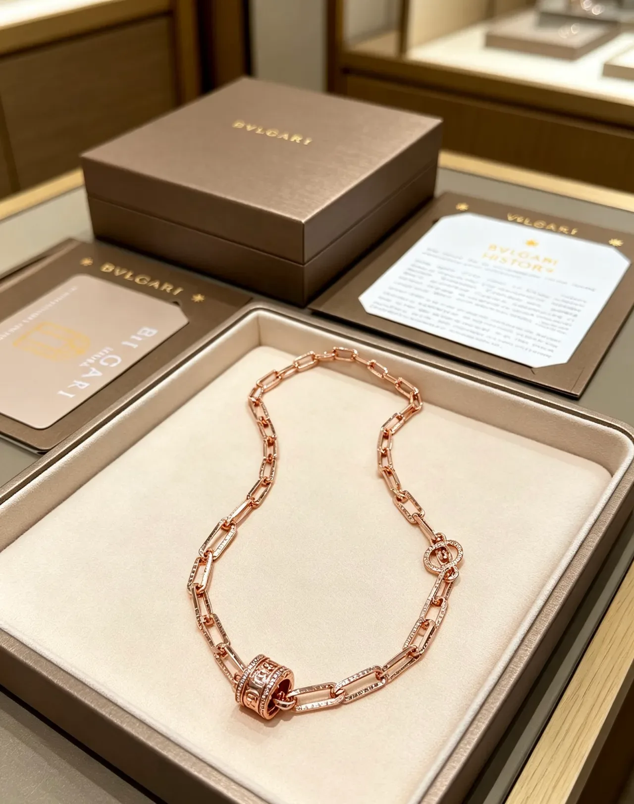 Bvlgari Pink Gold Rose Chain Pavé-Set Links Necklace 4