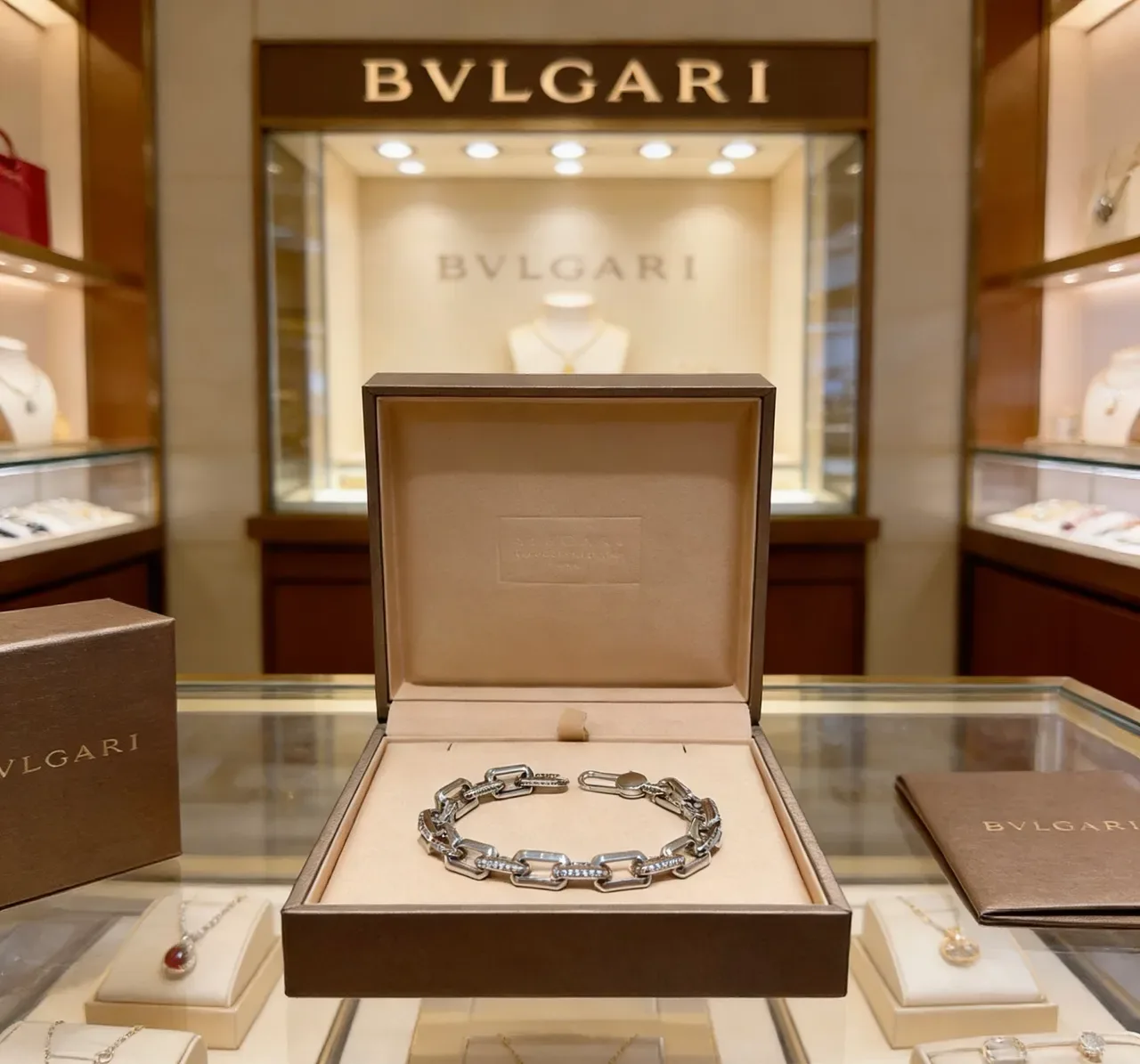 Bvlgari Rectangular Link Diamond-Accent Silver Bracelet 6