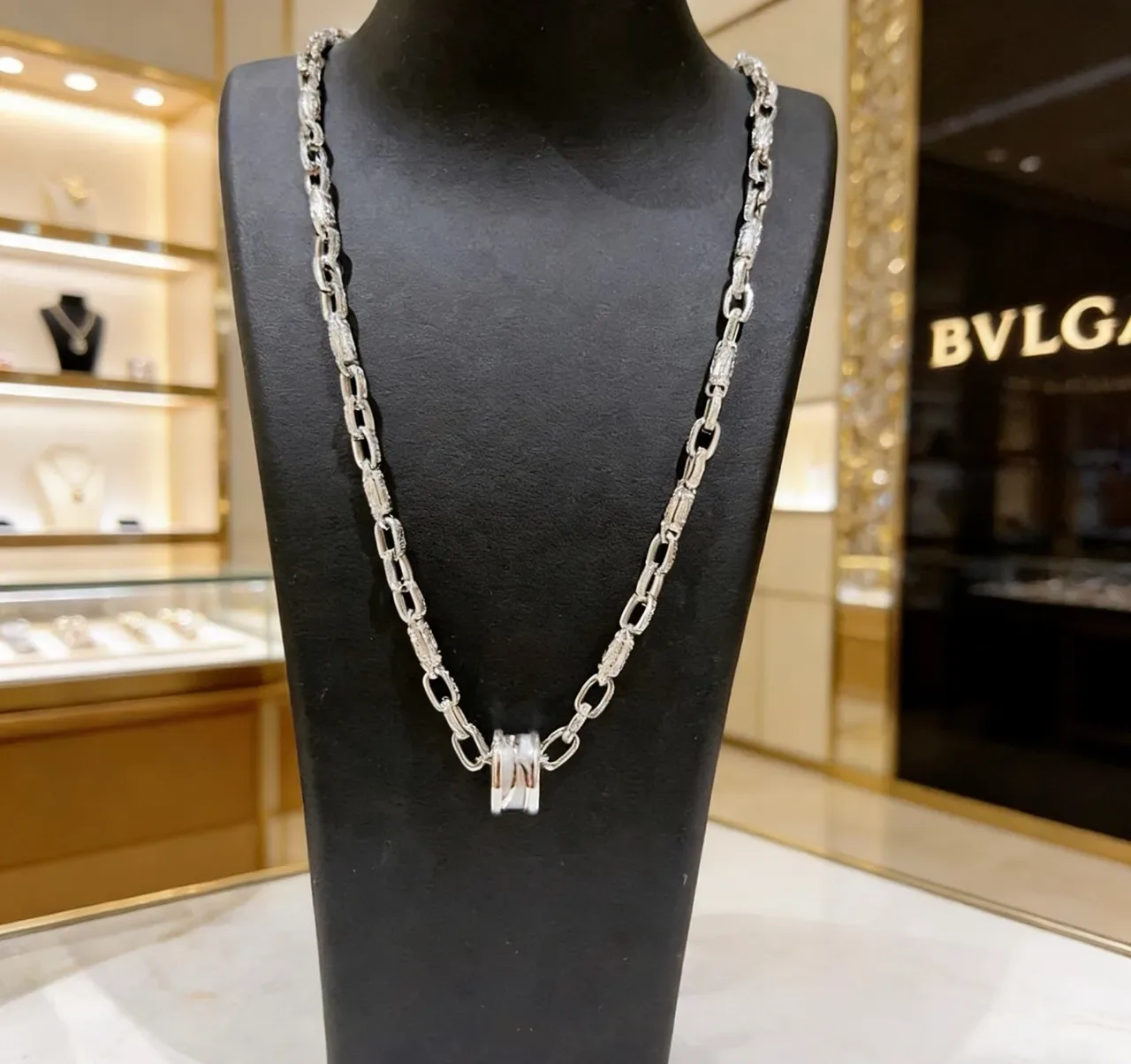 Bvlgari Silver Black Chunky Link Chain Textured Metalwork Necklace 2