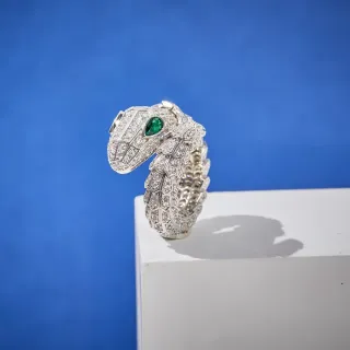 Bvlgari Silver Green Coiled Serpent Pavé Diamond Scales Ring