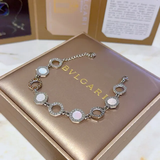 Bvlgari Argent Blanc Motif de lien octagonal mère-de-perle incrustation bracelet 7