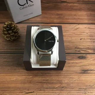 Calvin Klein Minimal Black Dial Silver and Gold Mesh Quartz Watch