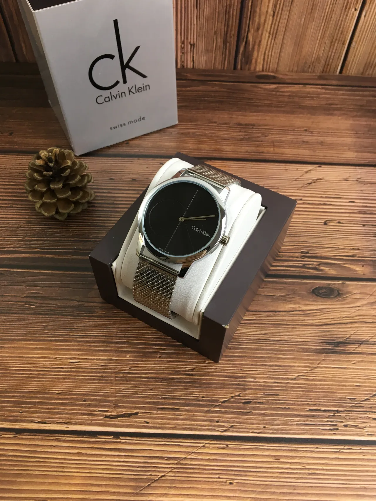 Calvin Klein Minimal Black Dial Silver and Gold Mesh Quartz Watch 2