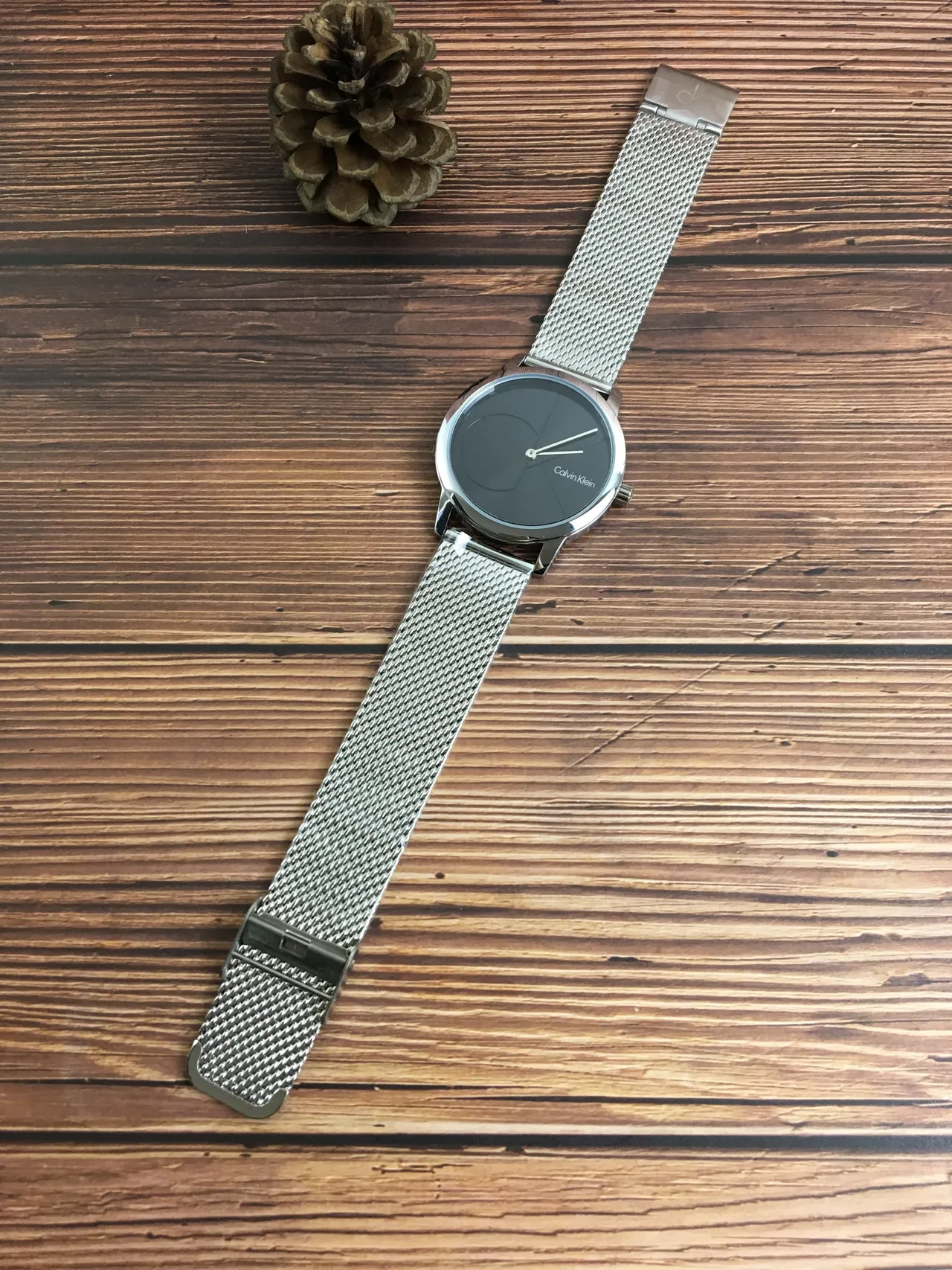 Calvin Klein Minimal Black Dial Silver and Gold Mesh Quartz Watch 5