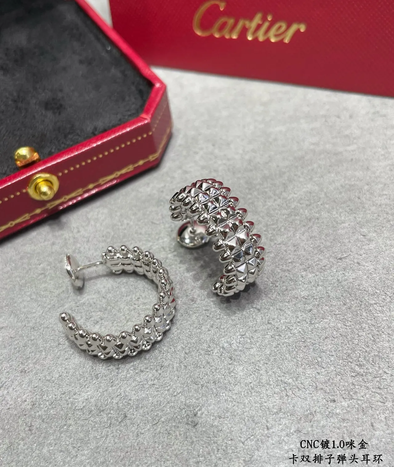 Cartier C de Ouro Branco dupla fileira Pavé-Set Brincos 4