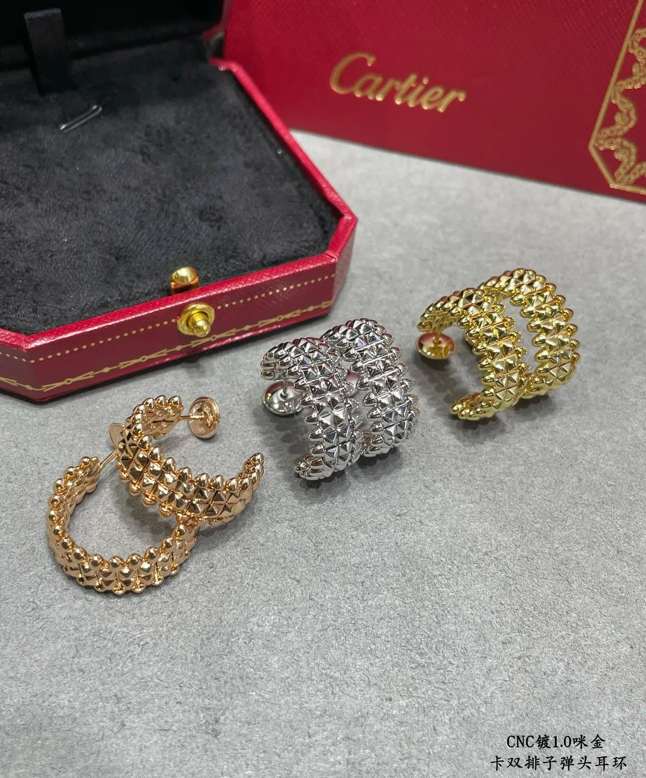 Cartier C de Ouro Branco dupla fileira Pavé-Set Brincos 6