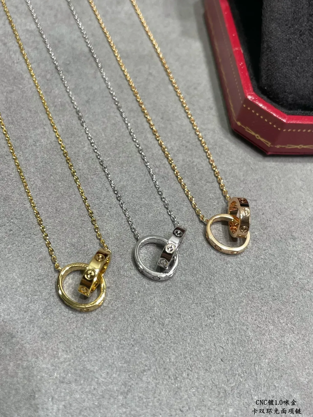 Cartier Gold Silver Interlocking Double Rings Screw Accents Necklace 6