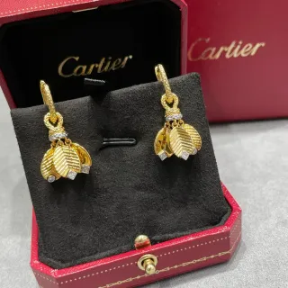 Cartier Gold Silver Leaf-Shaped Pendants Chevron-Engraved Texture Earrings