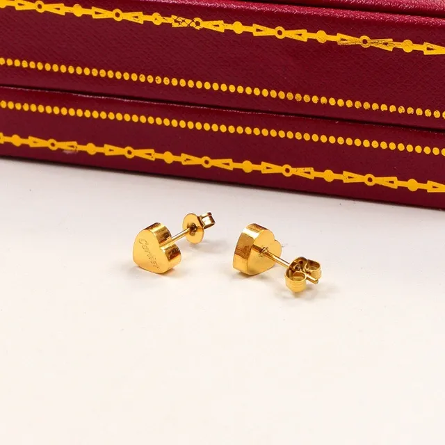 Cartier Heart Stud Silver Gold Engraved Logo Earrings 2
