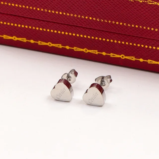 Cartier Heart Stud Silver Gold Engraved Logo Earrings 3