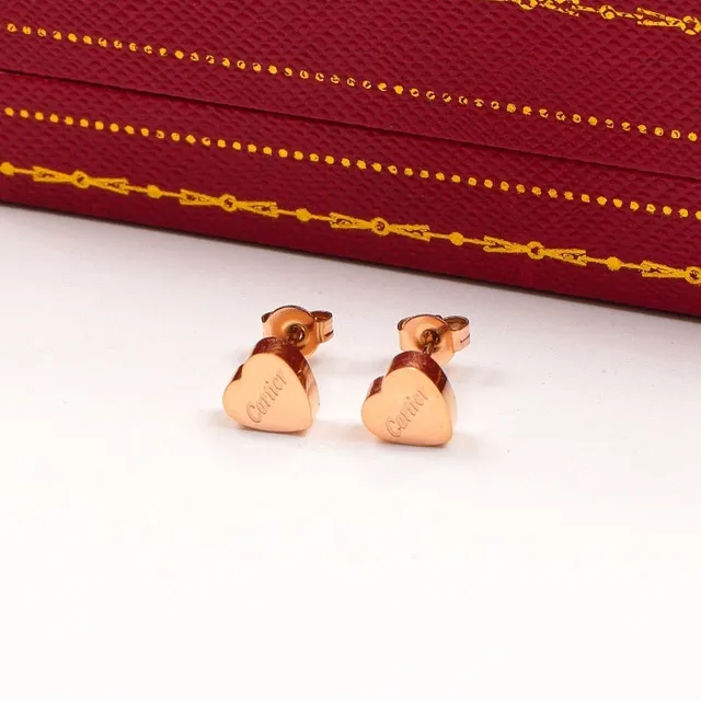 Cartier Heart Stud Silver Gold Engraved Logo Earrings 5