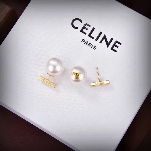 Celine Pearl and Gold-Tone Bar Asymmetrical Stud Earrings 2