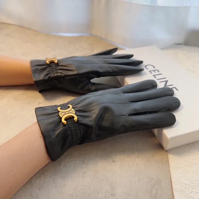 Celine Triomphe Black Gold Gathered Elastic Cuff Logo Clasp Leather Gloves 2