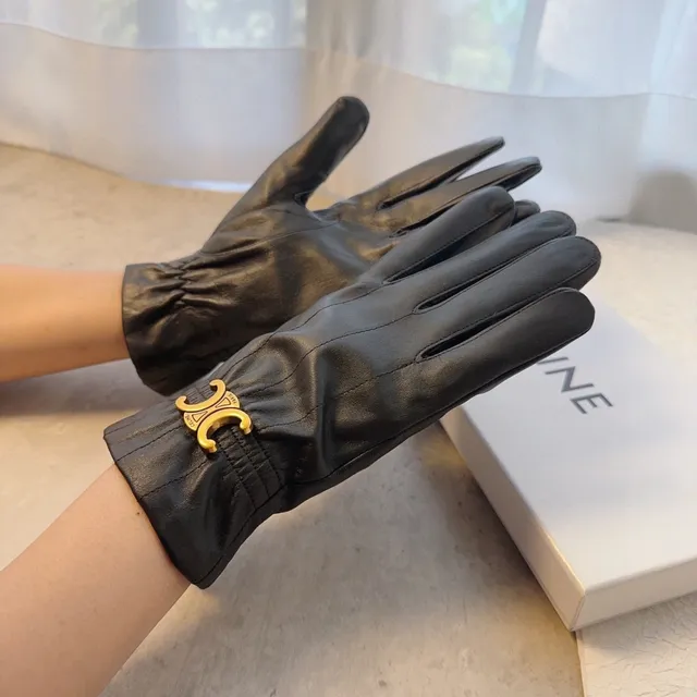 Celine Triomphe Black Gold Gathered Elastic Cuff Logo Clasp Leather Gloves 3