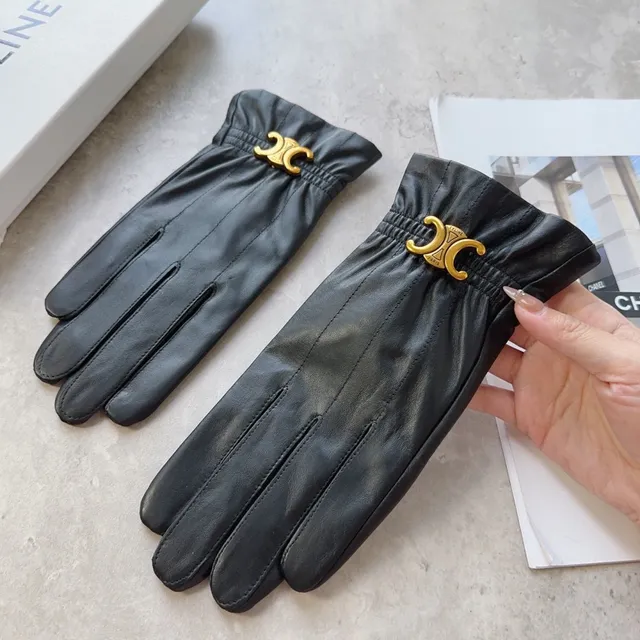 Celine Triomphe Black Gold Gathered Elastic Cuff Logo Clasp Leather Gloves 4