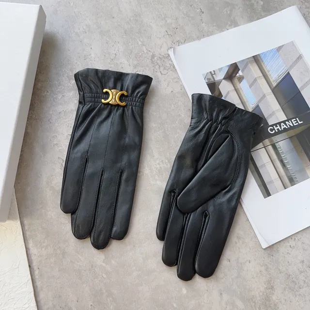 Celine Triomphe Black Gold Gathered Elastic Cuff Logo Clasp Leather Gloves 5