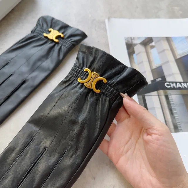 Celine Triomphe Black Gold Gathered Elastic Cuff Logo Clasp Leather Gloves 8