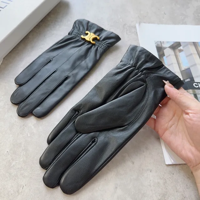 Celine Triomphe Black Gold Gathered Elastic Cuff Logo Clasp Leather Gloves 6