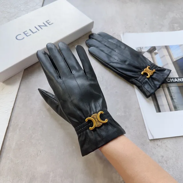 Celine Triomphe Black Gold Gathered Elastic Cuff Logo Clasp Leather Gloves 7