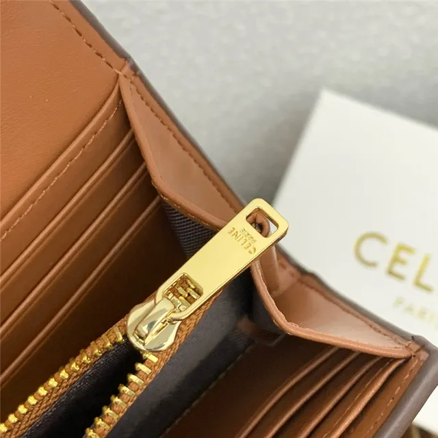 Celine Triomphe Brown Gold Smooth Leather Central Seam Long Wallet 12