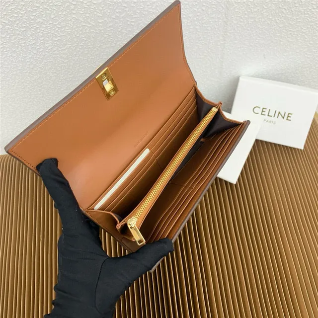 Celine Triomphe Brown Gold Smooth Leather Central Seam Long Wallet 13