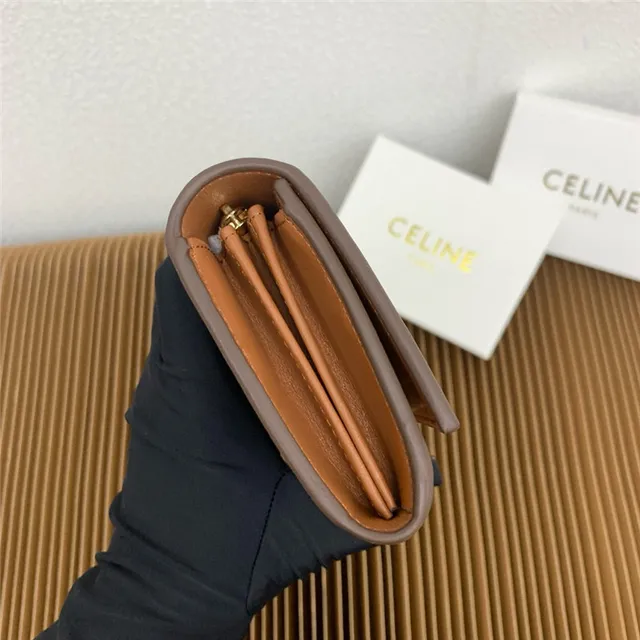 Celine Triomphe Brown Gold Smooth Leather Central Seam Long Wallet 15