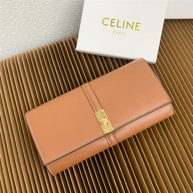 Celine Triomphe Brown Gold Smooth Leather Central Seam Long Wallet 19