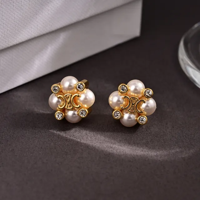 Celine Triomphe Pearl and Crystal Floral Stud Earrings 2