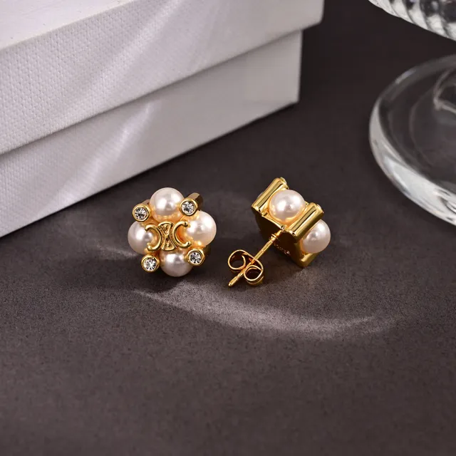 Celine Triomphe Pearl and Crystal Floral Stud Earrings 4